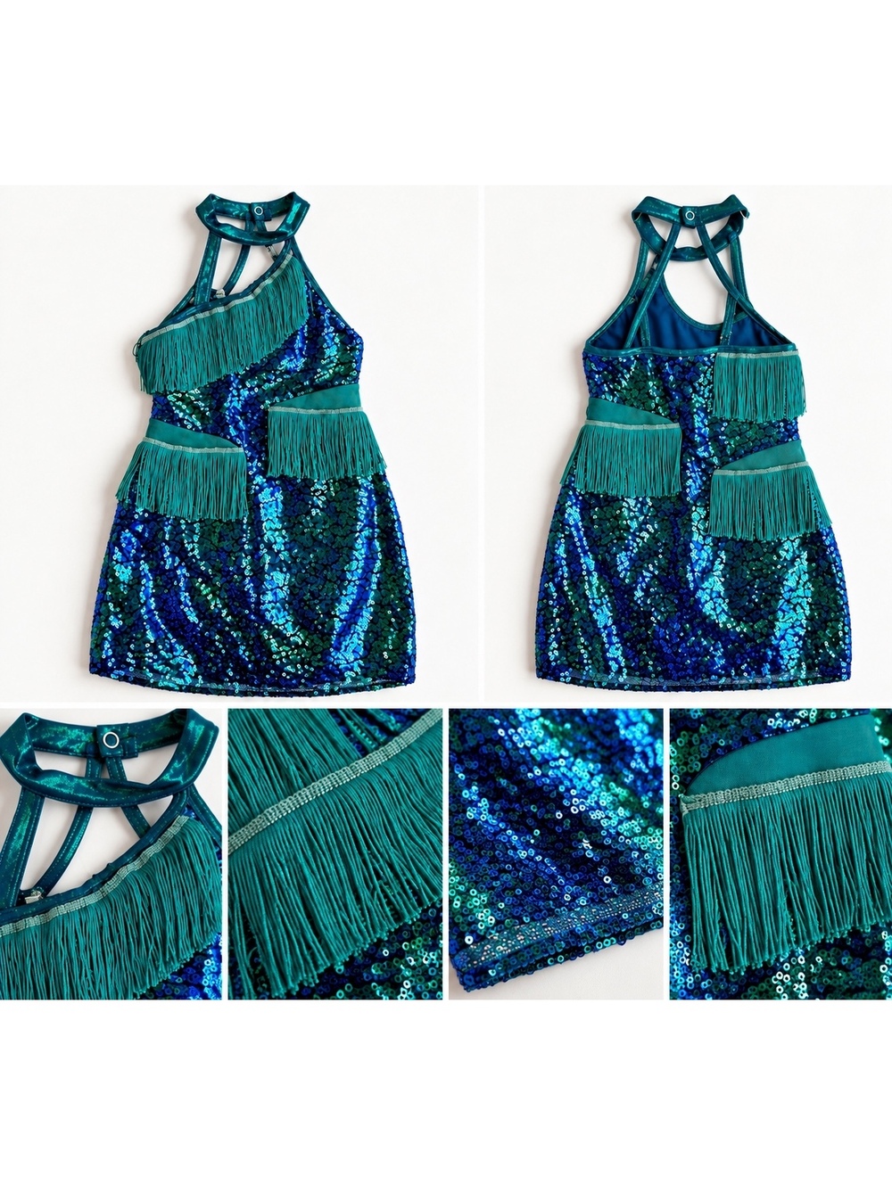 Tenth House Girls' MC Blue/Green Sequin Fringe Dance Dress Jazz Tap Latin